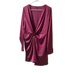 Fashion Nova "Sugar Free" satin burgundy wrap-style long sleeve mini dress.